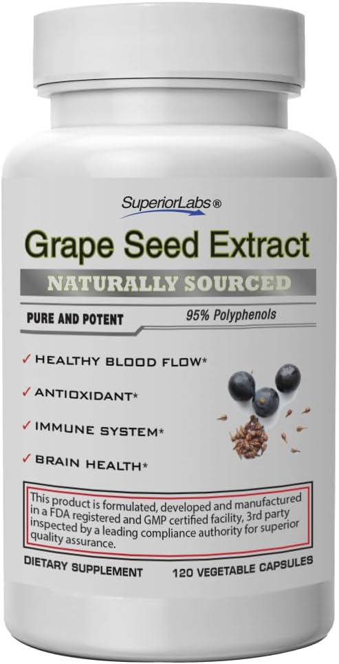 Superior Labs Grape Seed Extract, 400mg, 120 Zeleninové kapsle, 95% polyfenoly, vysoký obsah antioxidantů, zdravý krevní tok, podporuje imunitní systém a zdraví mozku