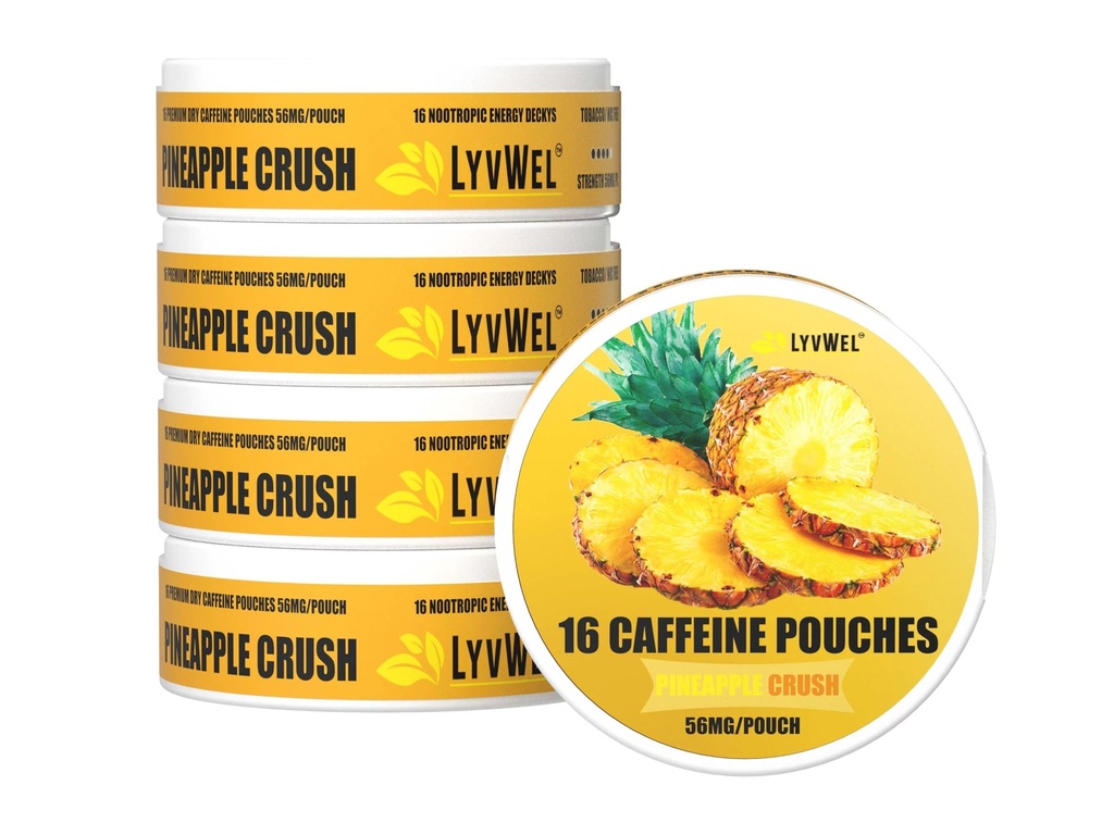 LyvWel 56mg Caffeine Energy Pouches - Ananas - Clean Energy & Focus Boost s Guaranou - 5- Pack s 16 Pouches per can (80 Total Pouches)