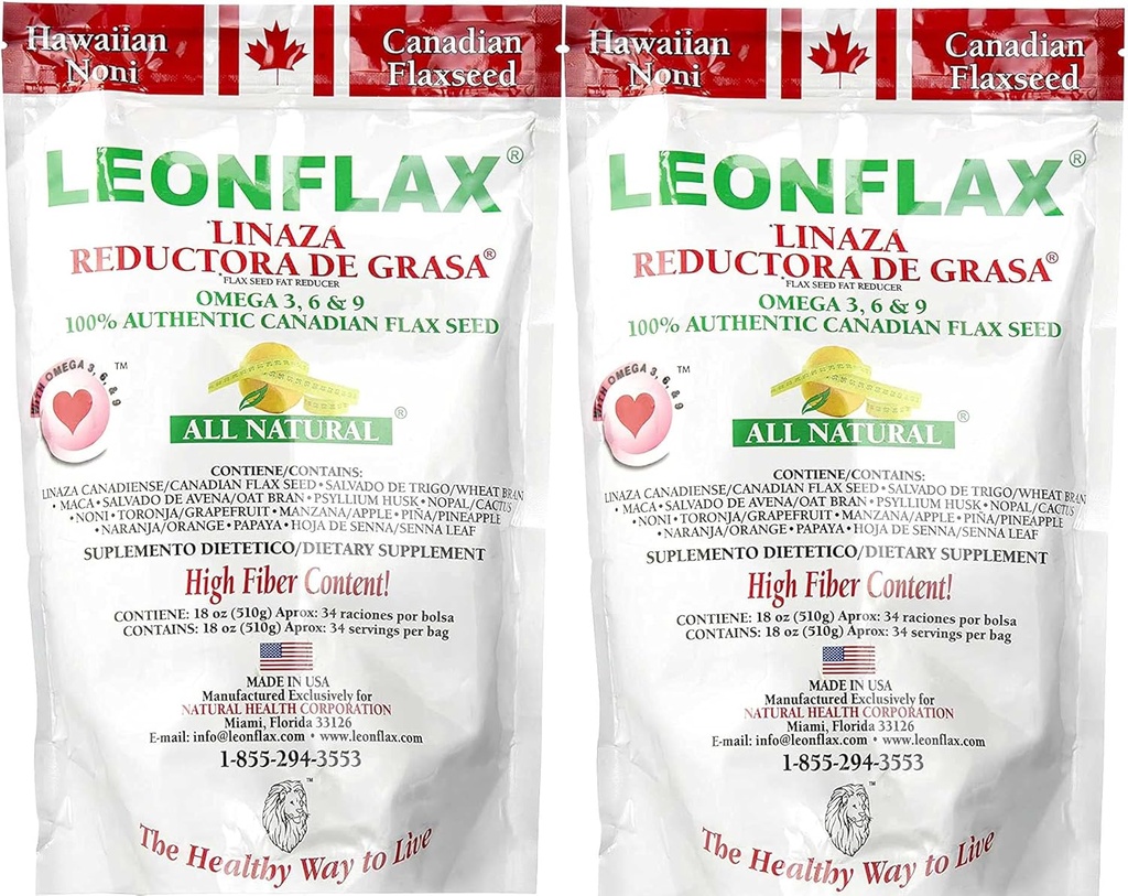 Leonln 100% Authentic Canadian Flax Seed Powder, All Natural, High Fiber Content, Dietní dodatek pro zlepšení vašeho stravitelného zdraví, Omega 3, 6 & 9, 18 Oz, Bag (1) (2)