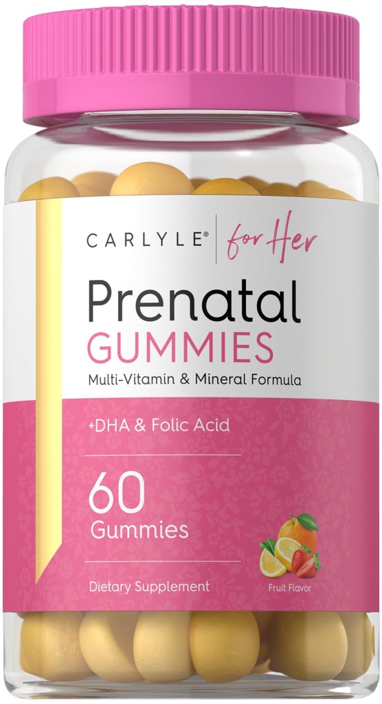Carlyle Prenatal Gummies pro ženy curren124; s DHA & kyselina listová curren124; 60 Count curren124; Ovoce Flavor curren124; Non-GMO, gluten zdarma dodatek curren124; pro ni