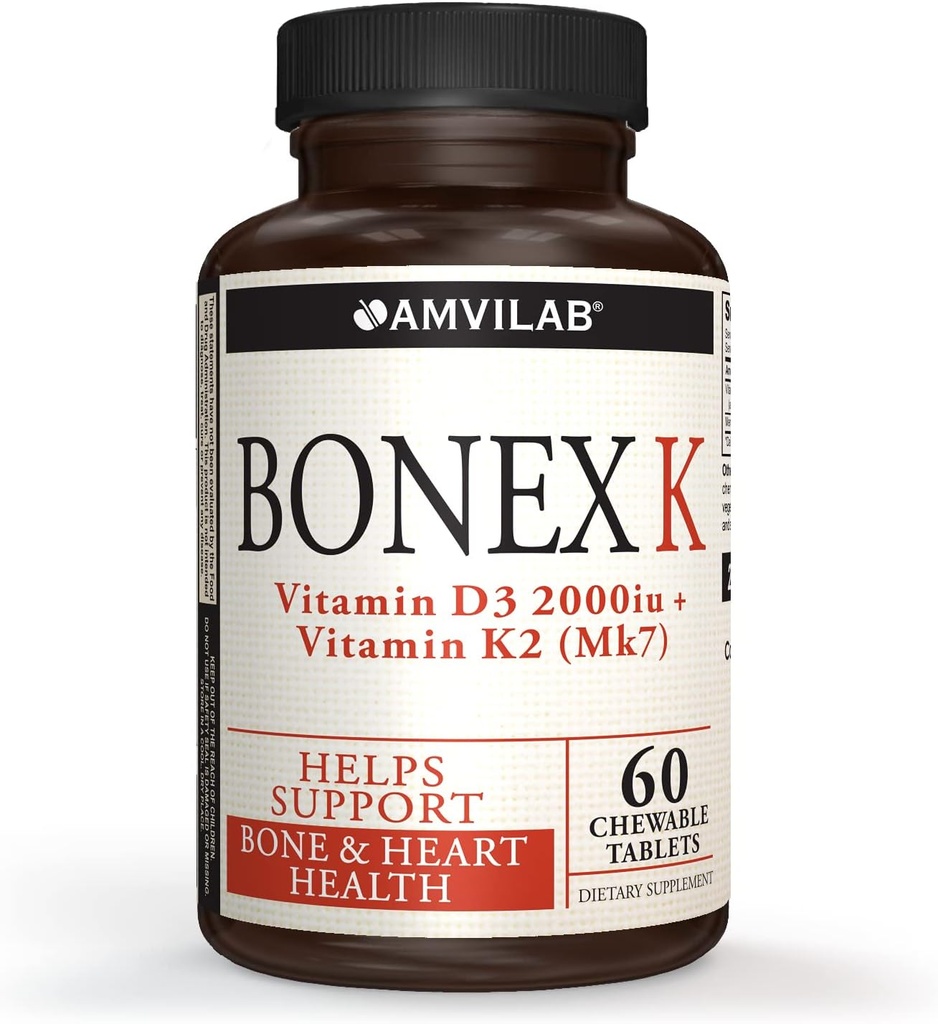 Bonex K Dodatek 124; Vitamin D & K Komplex 124; Podporuje srdce, kosti a zuby zdraví 124; 2000IU vitamin D3 & 75mcg vitamin K2 STAR 124; Non- GMO 124; Small & Easy spolknout 124; 60 Day Supply Chewable Tablety