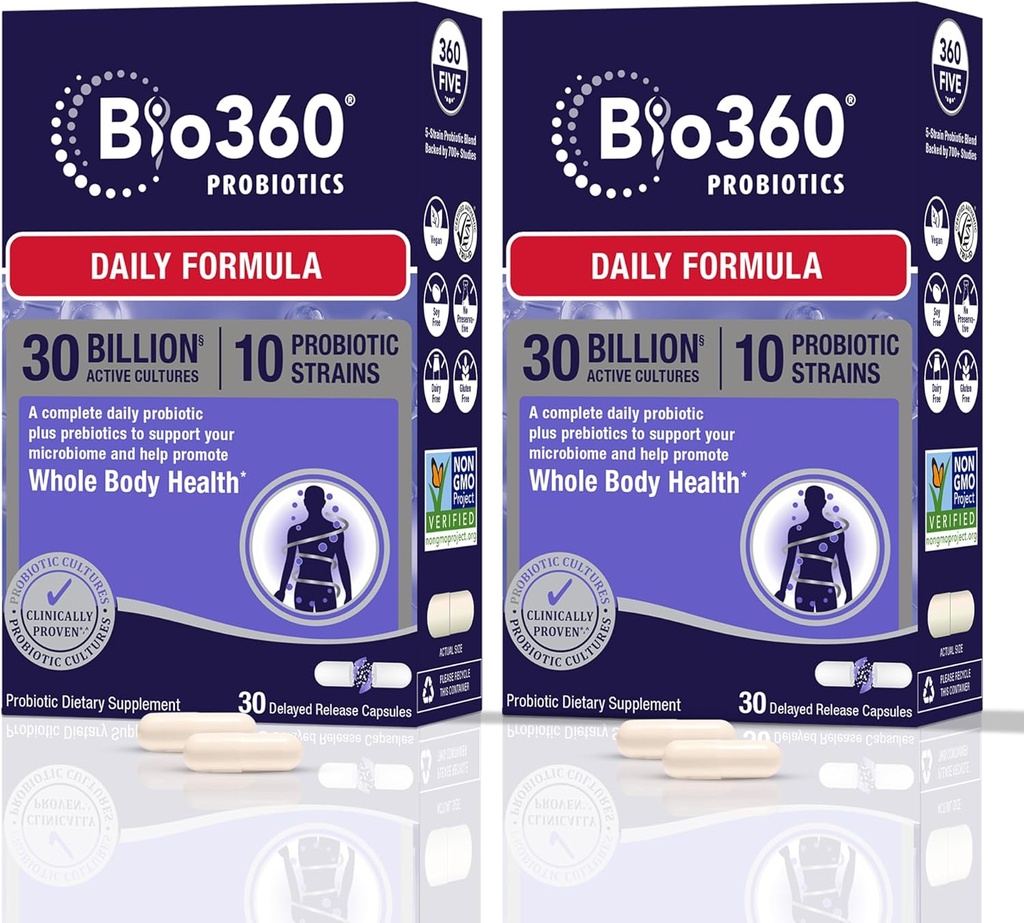 Bio360 Dospělý denní Probiotický dodatek pro ženy a muže, 30 miliard CFU, 10 Straines, Organic Prebiotic Fibers, Digestivní a imunitní zdraví, Okusní zácpa, Průjem a nafouknutí, 30CT (2 Pack)