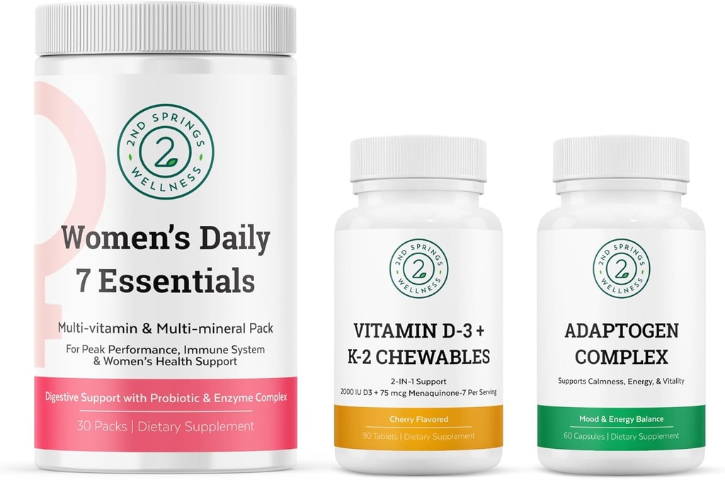 Ženské Daily 7 Essentials, Vitamin D3 + K2 Chewables & Adaptogen Complex Bundle