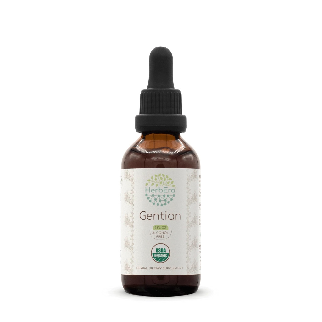 Gentian B60 Alcohol- Free Bylinný extrakt tinktura, Koncentrované kapalné kapky přírodní USDA Organic Gentian (Gentiana Lutea) Sušená kořenová (2 fl oz)