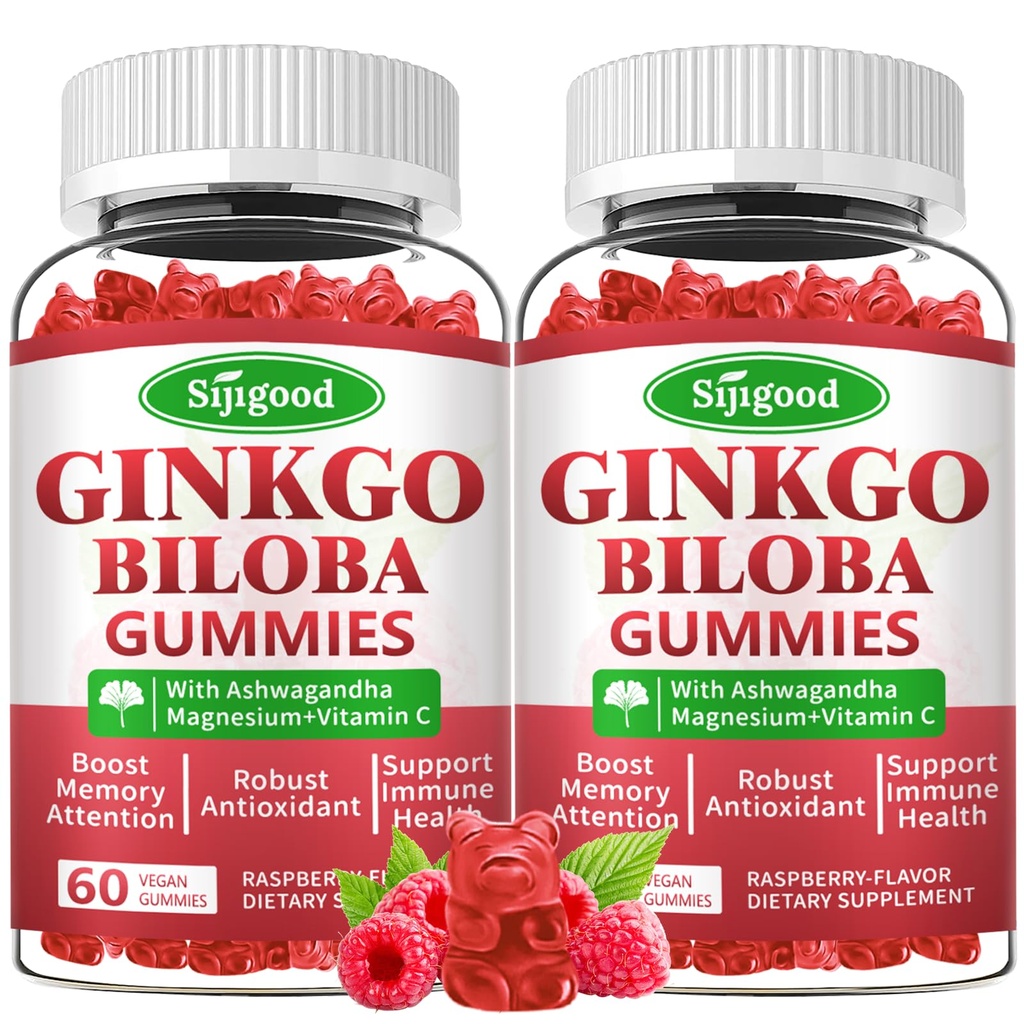 2 Pack Ginkgo Biloba Gummies s Panax Ginseng a hořčík, Ginkgo Biloba doplňky pro soustředění, paměť a zdraví mozku pro dospělé a děti, Vegan Raspberry Flavor Gummies, 120 Počet