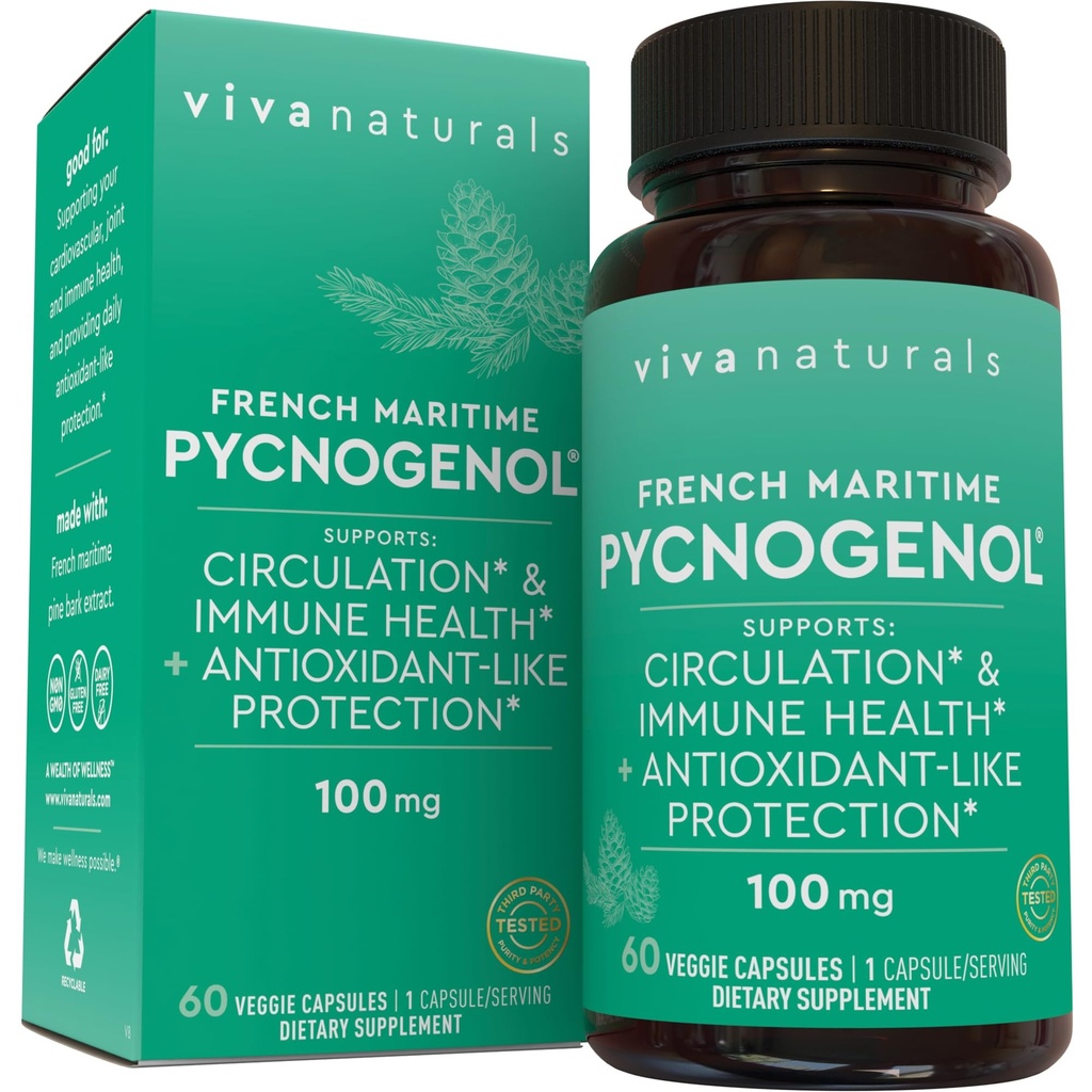 Viva Naturals Pycnogenol - 100mg French Maritime Pine Bark Extract - Podporuje Cirkulaci, Antioxidant- Like Activity, Spojky a imunitní zdraví a funkce - 60 Veggie Kapsle
