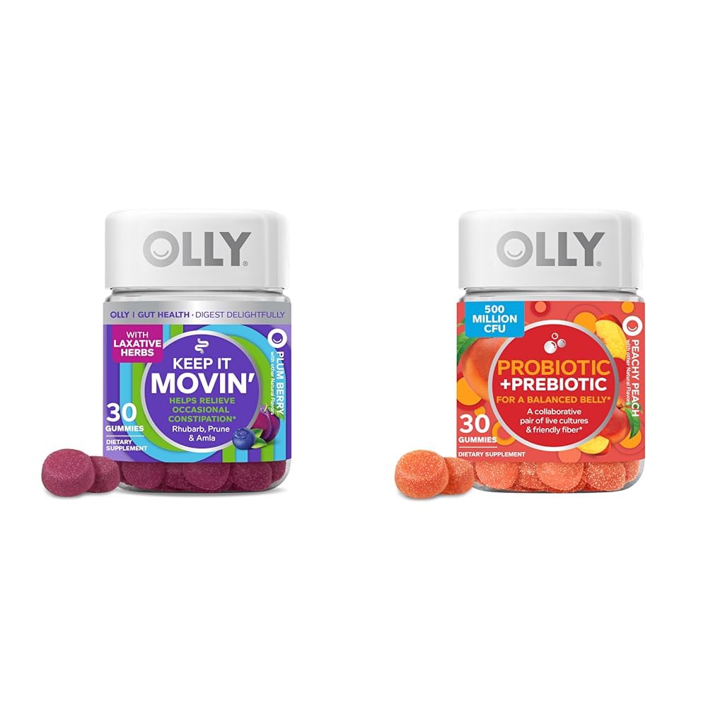 OLLY Zácpa Relief Gummies s rebarborem, Prunes, Amla & Probiotic + Prebiotic Gummies for Digestive Health, 500 milionů CFU, 30 Počet