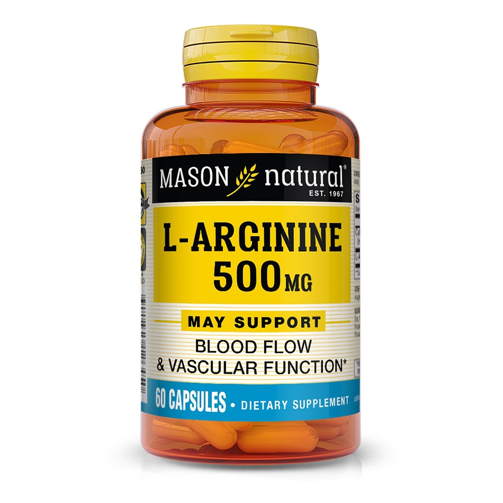 MASON NATURAL L- Arginine 500 mg s kalcium- podporuje zdravý oběh a cévní funkci, dodatek k oxidu dusnatému, 60 kapslí