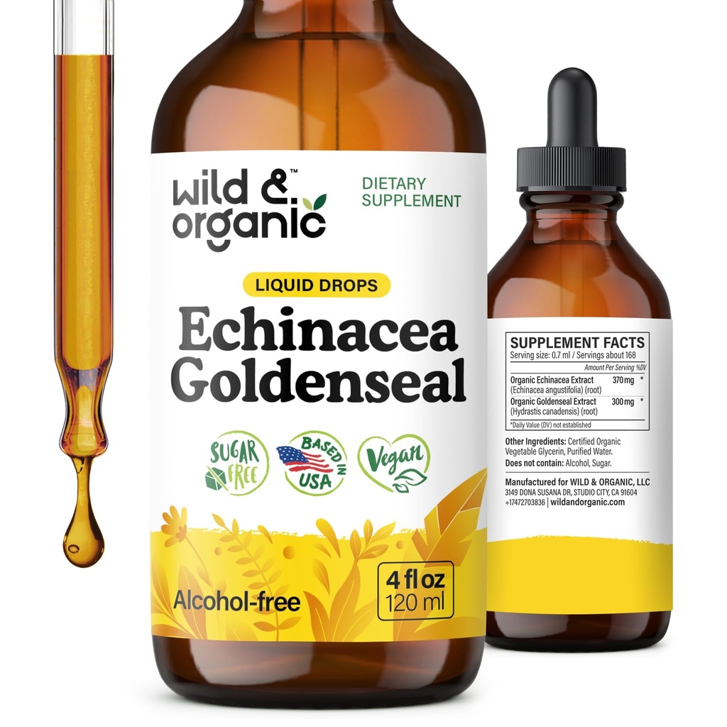 Wild & Organic Echinacea Goldenseal Tincture - Imunitate Support Drops with Echinacea and Goldenseal Root Extract - Vegan, Sugar & Alcohol- Free Liquid Supplement - 4 fl oz