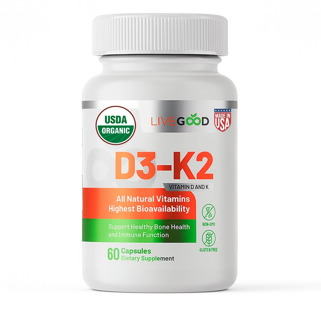 LIVEGOOD Organic D3 K2 Supplement 2000 IU, Veganské kapsle s MK-7, čistý vitamin D3 s K2 pro imunitní a kostní podporu Made in the USA Organic D3 K2 Formule (60 Počet)