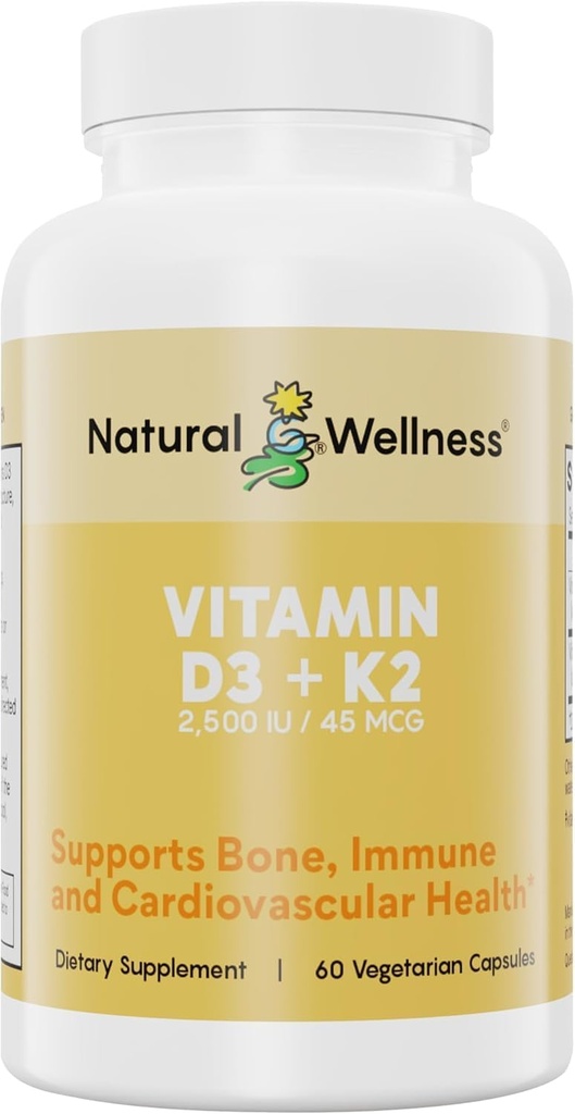Natural Wellness Vitamin D3 + K2 - Vysoká potence Vitamin D3 2500 IU & K2 MK-7 45 mcg - Podporuje sílu kostí, zdraví srdce, imunitu a metabolismus - All- in- One Natural Vegan Supplement, 90 Kapsle