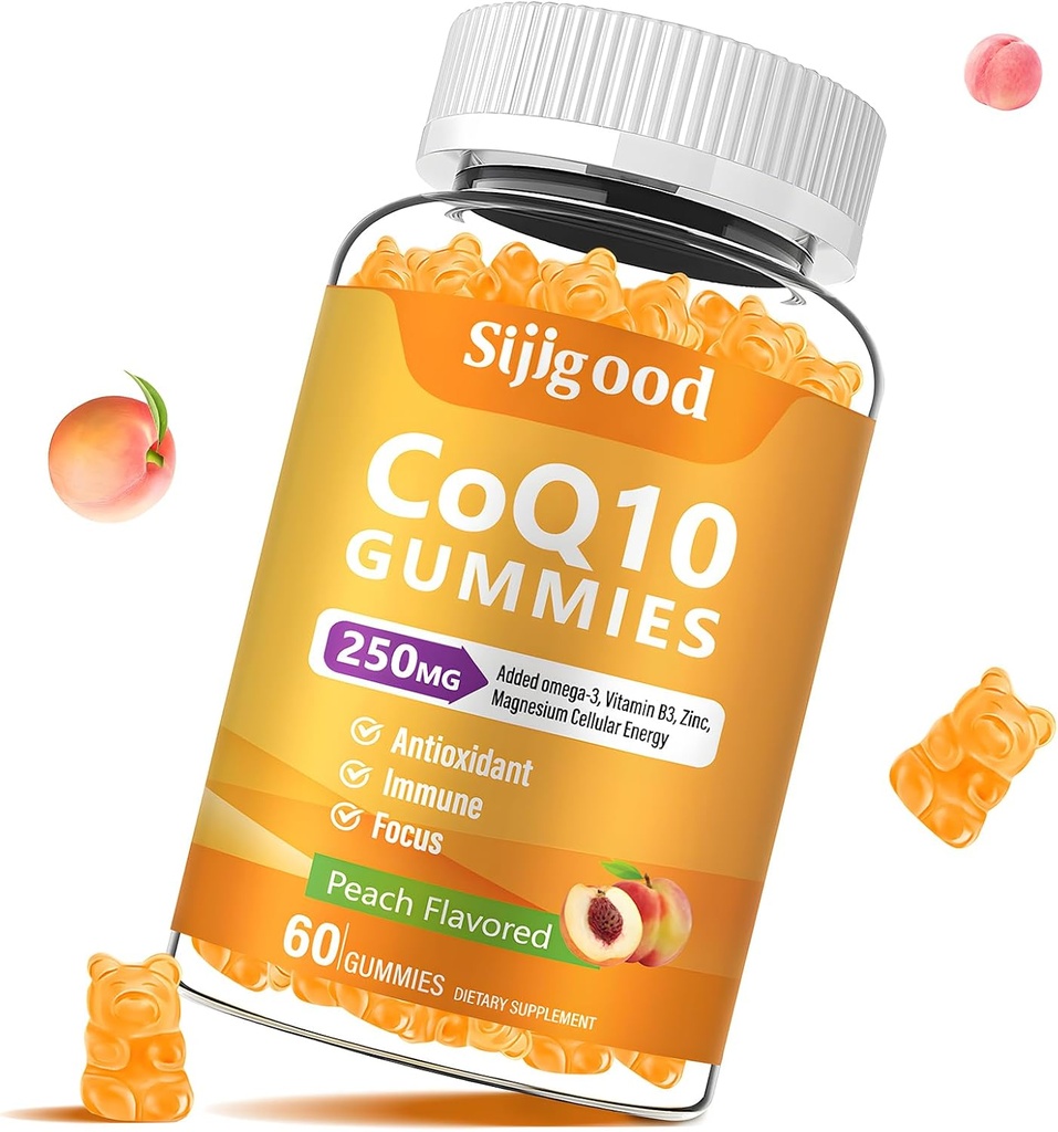 Sugar Free CoQ10 Gummies, Plus Omega33, Vitamin B3 a zinek, hořčík, 5X vysoce absorpční koenzym Q10 doplňky, q10 zvýšení buněčné energie, potentní antioxidant & Brain, Peach Flavor, 60 Cts