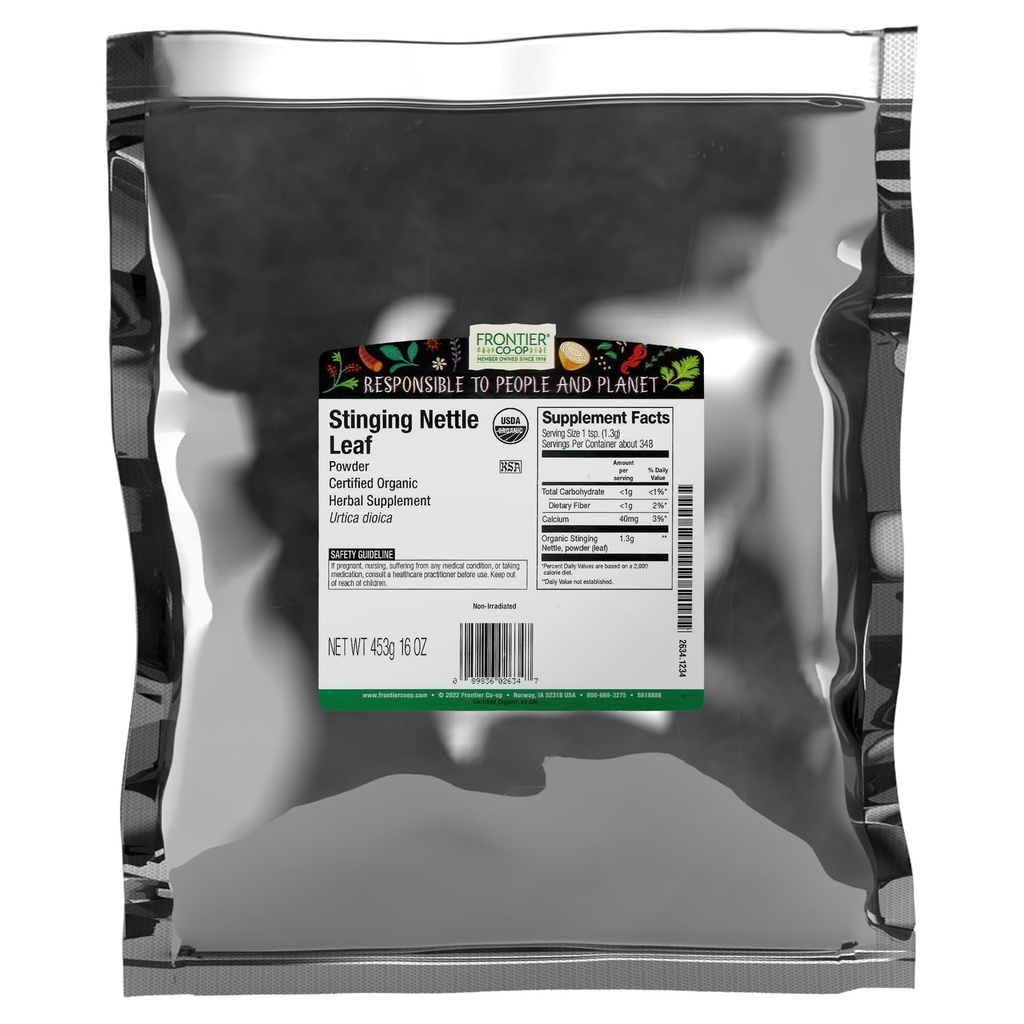Frontier Co- op Organic Ground String Nettle Leaf, Sušený Nettle Leaf Powder, Kosher Ibrahim 124; 16 Ounce (balení po 1)