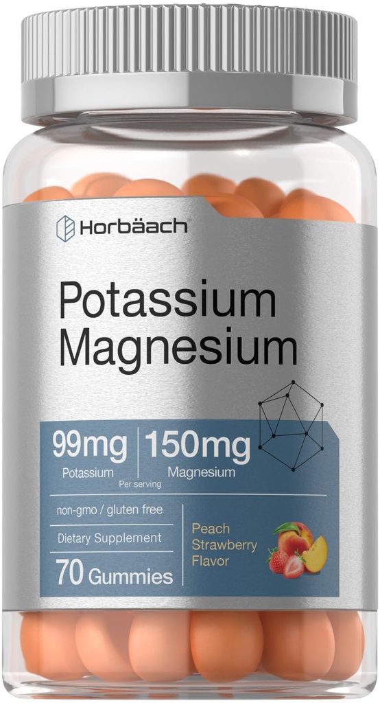 Horbäach Draslík Magnesium dodatek gumy 124; Peach Jahodové ochucené 124; 70 Počet gumy 124; Vegan, Non- GMO, a gluten Free Formule