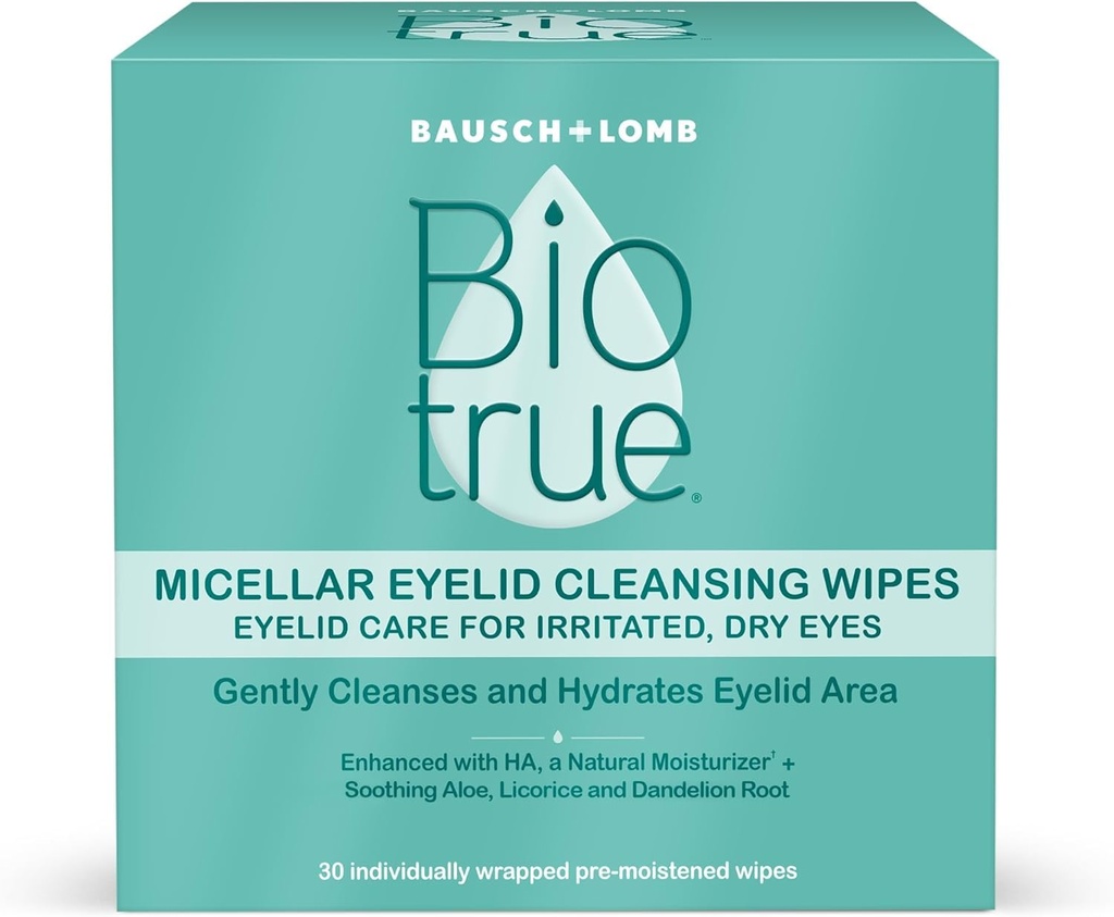 Biotrue Micellar Eyidid Care for Irritated and Dry Eyes Cleansing Wipes, from Bausch + Lomb, Multi, 30 Count