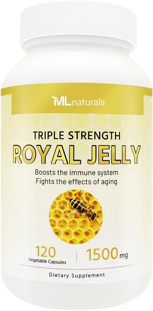 ML Naturals Royal Jelly 1500mg 120 Zeleninové kapsle, Ekvivalentní s 6% (27mg) 10- HDA. Freeze- sušený, gluten zdarma, NSF- Certified & cGMP-Compliant