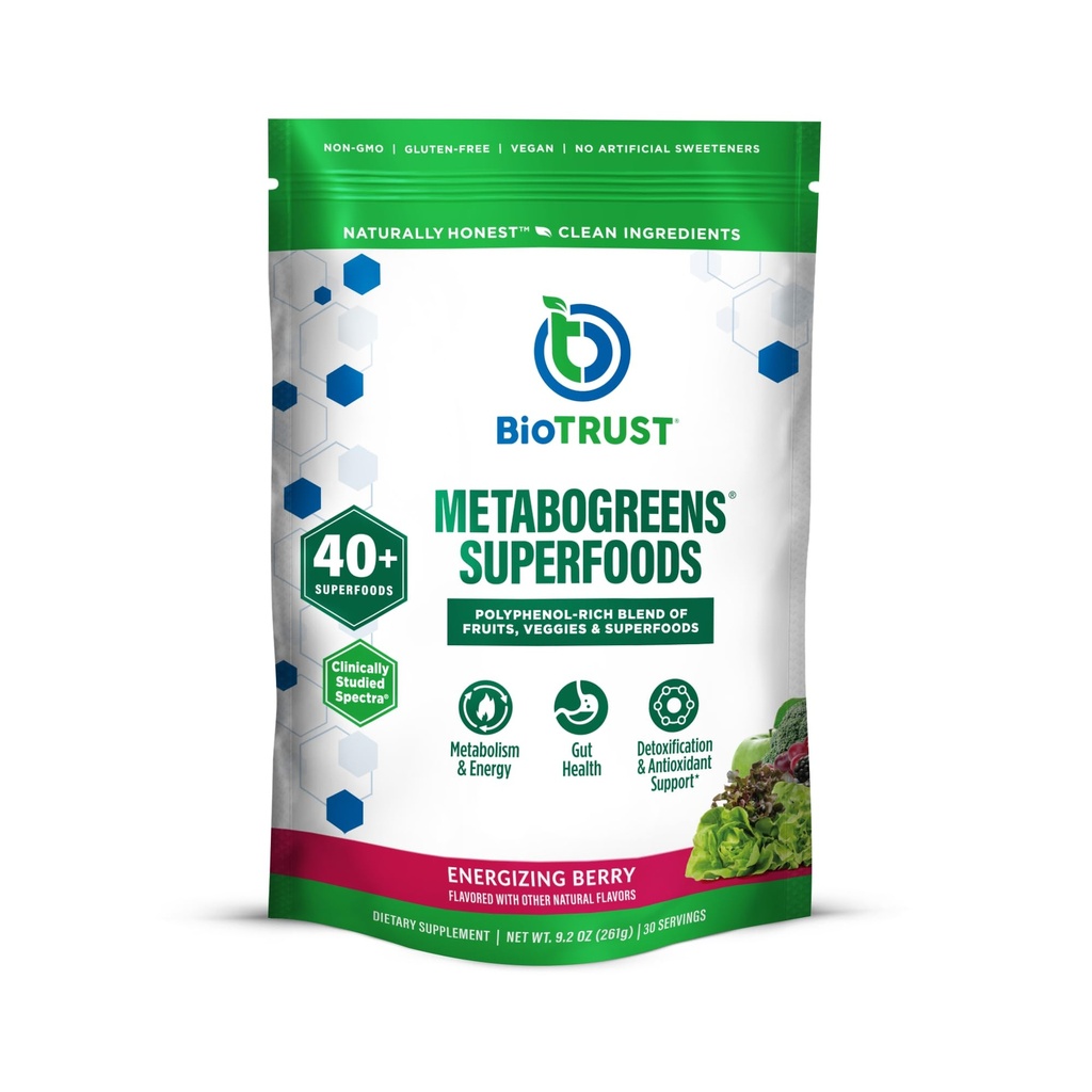 BioTrust Metabo Greens Superfood Powder - Super Green Powder, Ovoce & Veggie Blend with Clinically Studied Spectra - Non GMO, Soy Free, Gluten Free, Dairy Free, Energizing Berry Flavor (30 Služeb)