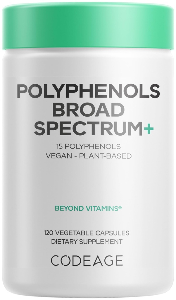 Codeage Polyphenols Broad Spectrum Dodatek - Směs 15 Berries, Ovoce a Botanické Extrakty, Bez kofeinu Zelený čajový list, Quercetin, Resveratrol, Pomegranát, Turmeric - Non- GMO - 120 Kapsle