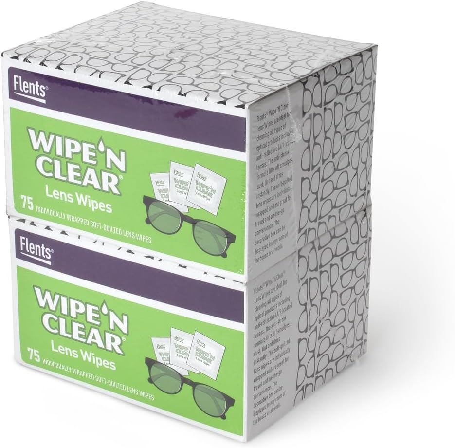 Flents Lens Wipes, Wipe 'N Clear, 150 Hrabě, Pre-vlhčený, Streak- Free, Safe for Glasses, Sluneční brýle, Jemné čištění, Clear Vision, Individuálně zabalený pro cestování & Pohodlí, Vyrobeno v USA