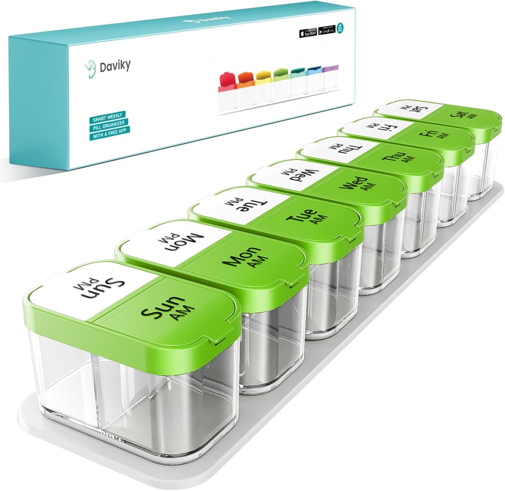 Daviky Large Weekly Pill Organizátor 2 krát denně, Extra velké cestovní Pill Box 7 Day, Am Pm Dvakrát denně Pill Case, Držák pilulky Kontejner na vitamín, medicína, dodatek, rybí olej, BPA zdarma, zelená