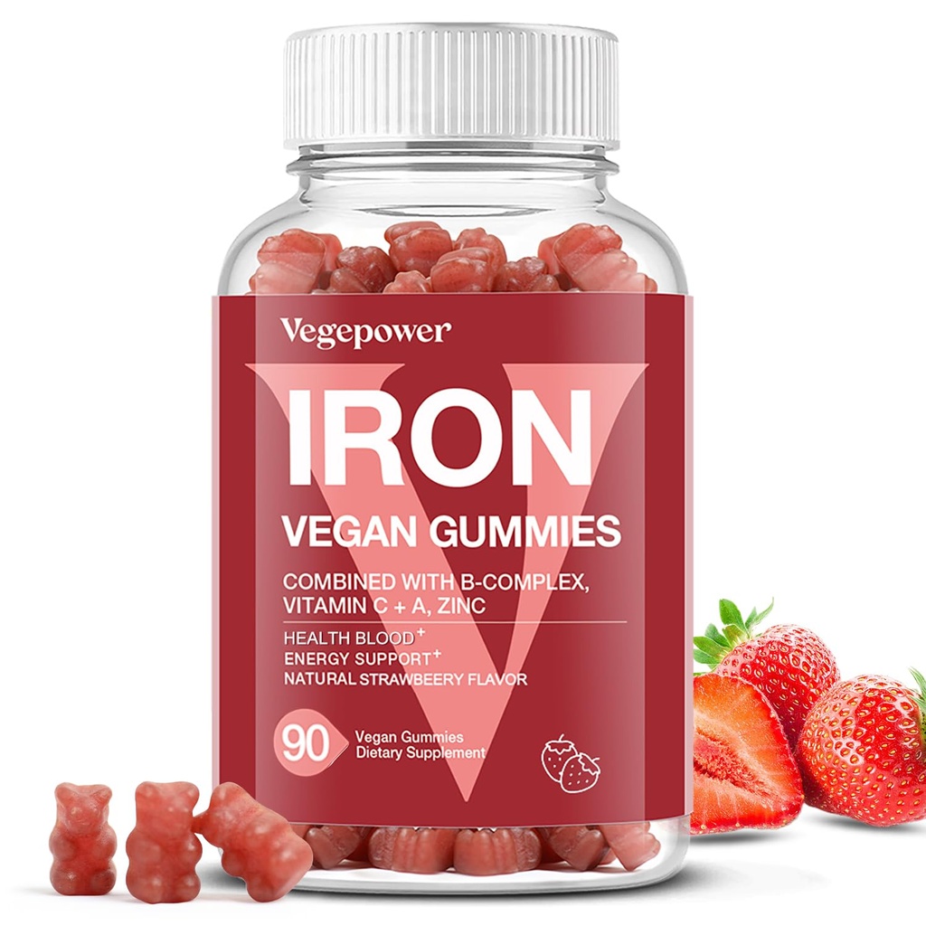 Železné gumy doplňky pro ženy a děti - Multivitamin s vitamínem C pro podporu energie, Velký Ochutnávání Železné Gummy Vitamíny s vitamínem C pro Max Absorpce - Vegan, Jahoda 90 Počet