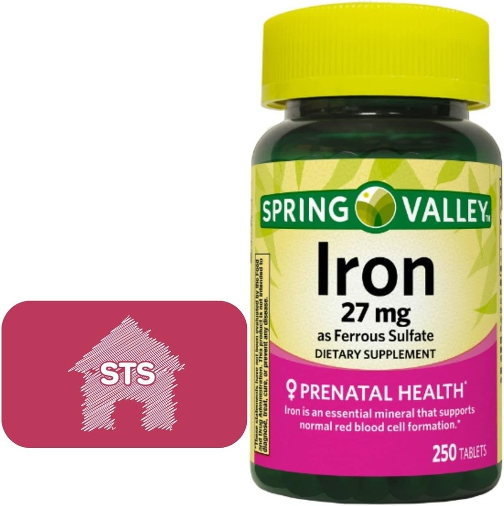 Spring Valley Iron jako železný sulfát 27 mg, 250 Počet + STS domácí nálepka.