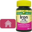 Spring Valley Iron jako železný sulfát 27 mg, 250 Počet + STS domácí nálepka.
