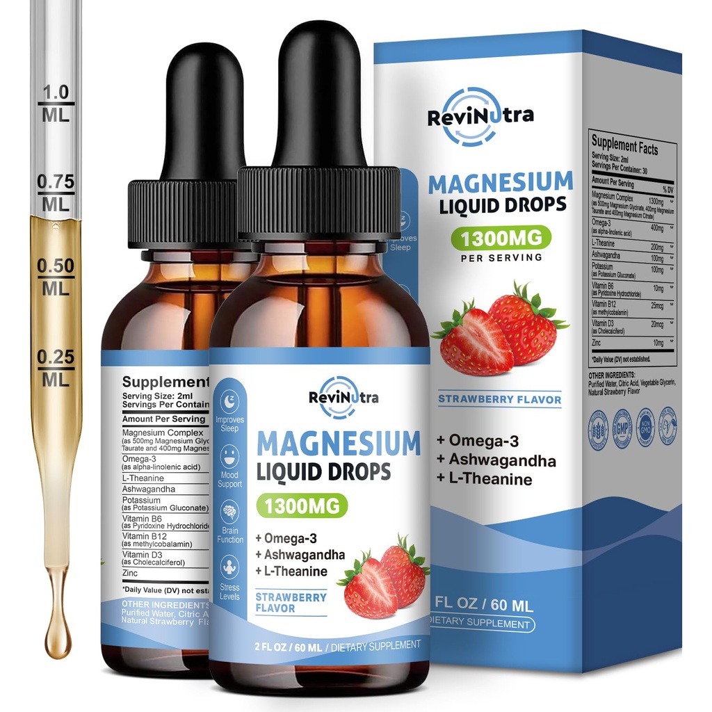 2 Pack tekutý hořčík Glycinát Kapky s Taurate & Citrát, klid hořčík s Omega3, L-Theanin, draslík, Ashwagandha, Vitamin pro spánek, Svalové, Imunitní zdraví, Sugar- Free Jahodový Flavor