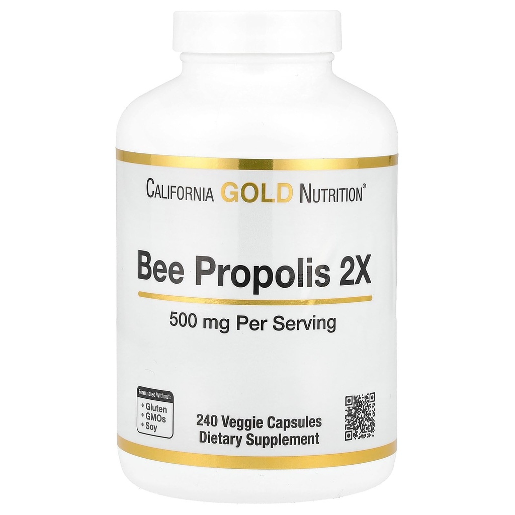 California Gold Nutrition Bee Propolis 2X Potency, Koncentrovaný extrakt 500 mg, Ekvivalentní s 1000 mg přírodní propolis, Podpora imunitního zdraví a vitality *, 240 Veggie Kapsle