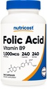 Nutricostová kyselina listová (vitamin B9) 1000 mcg, 240 tobolek