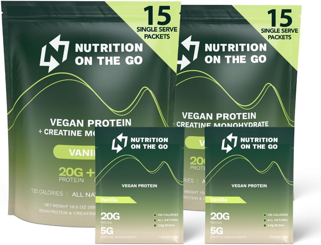 Nutrition On The Go Vegan Protein Powder Packets with Creatine - 20g Plant Proteins + 5g Creatine - Single- Serve Travel Protein Powder - All- Natural, Gluten- Free - Vanilla - (30- Pack)