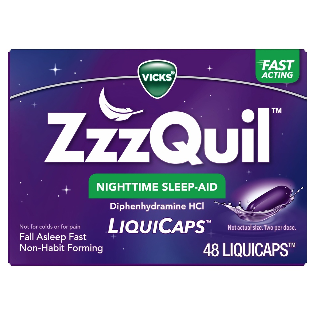 ZzzQuil, Nighttime Sleep Aid LiquiCaps, 25 mg Difenhydramine HCl, No.1 Sleep- Aid Brand, Non- Habit Forming, Fall Asleep Fast, 48 Count