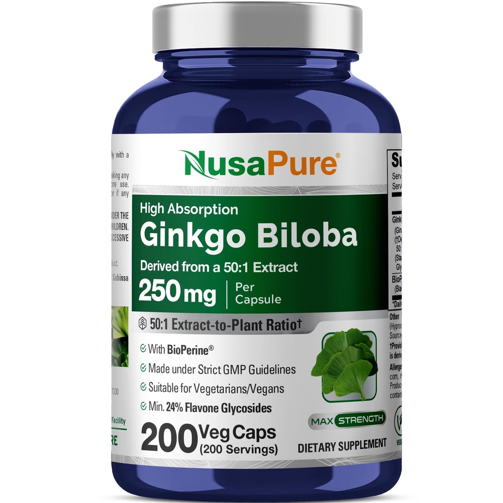 NusaPure Ginkgo Biloba 50: 1 Extract, 250 mg Ekvivalentní k 12,500 mg na Veggie Caps 200 Kapsle (Vegetarian, Non- GMO, Vegan) Bioperin