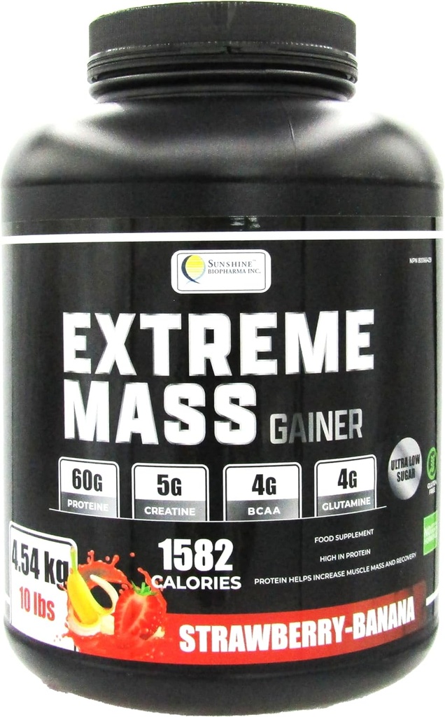 Extrémní hmotnost Gainer Muscle Builder, 10 liber (4,54 kg) s menším cukrem pro intenzivní cvičení vyrobené z vysoce kalorické tvrzené syrovátky protein (Strawberry- banana)