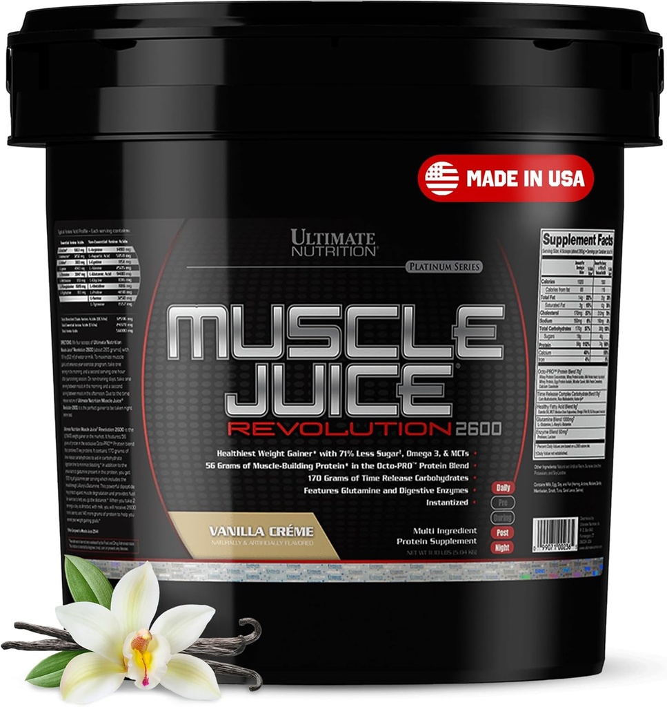 Ultimate Nutrition Muscle Juice 2600 Revolution, Weight Gain Drink Mix - Mass Gainer Workout Supplementary for Lean Muscle Growth & Recovery with 56g Protein Blend - Vanilla, 11.105lb