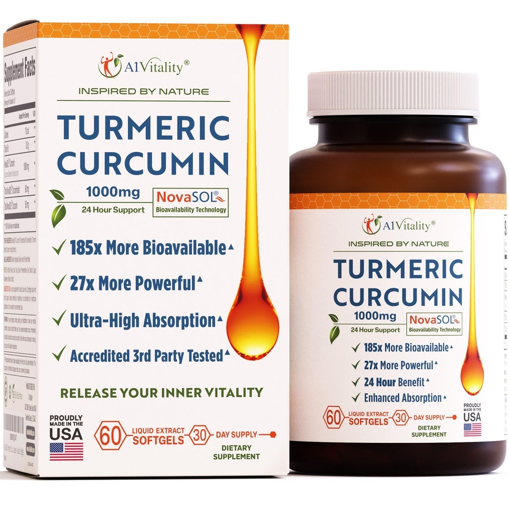 A1Vitality NovaSOL Turmeric Curcumin 1000mg - Klinicky osvědčený 185x vyšší absorpce - Promotes Joint Comfort, Mobility & CelkovýmWellness - Non- GMO, Doctor Expertated, 60 Softgels.