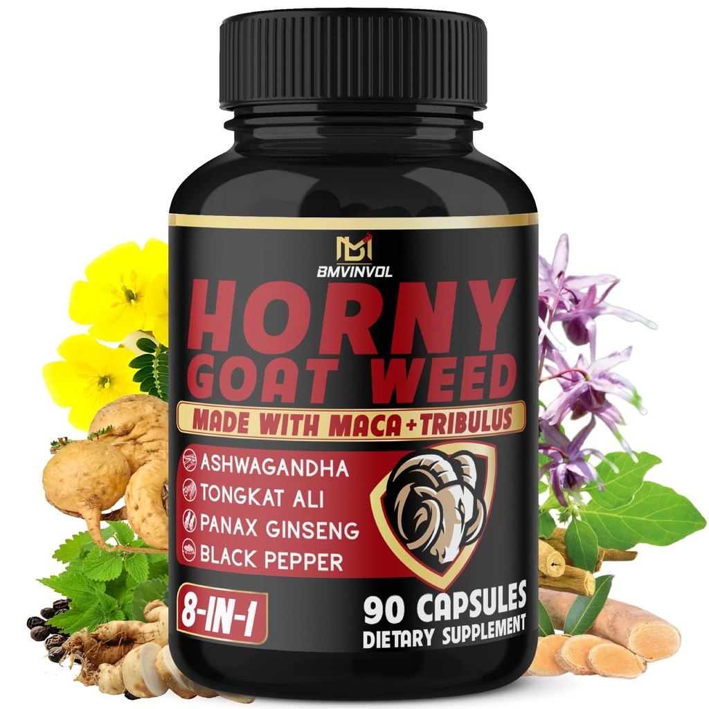 BMVVVOL Horny Goat Weed Kapsle s Maca, Ginseng, Tribulus Terrestris, Ashwagandha, Black Pepper - 90 Počet na 3 měsíce