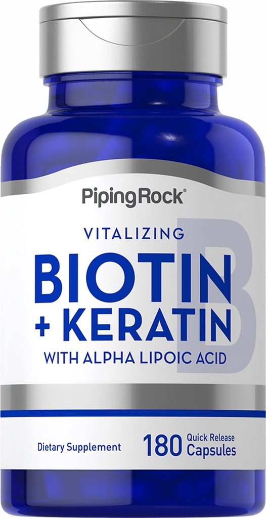 Piping Rock Biotin 5000mcg CLAS124; 180 Kapsle CLAS124; Plus Keratin a alfa Lipoic acid CLAS124; Non- GMO, gluten zdarma dodatek