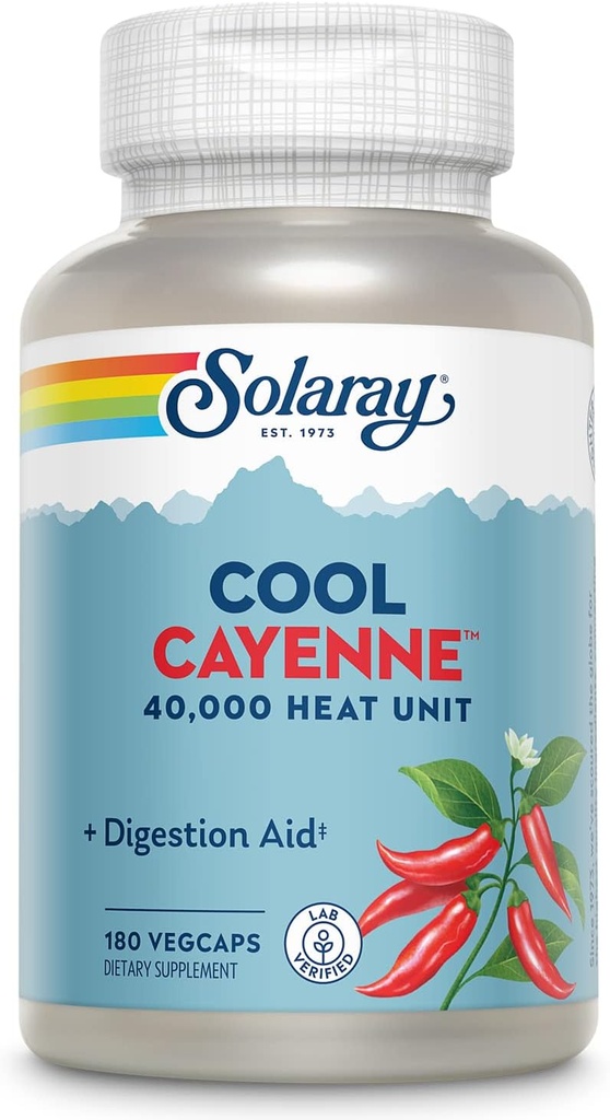 SOLARAY Cool Cayenne Pepper 40 000 HU, Cayenne Pepper Kapsle, Digestion Aid, Bio- Cool Process, Lab Ověřené, 60- Day Money-Back Garance, 90 Serings, 180 VegCaps