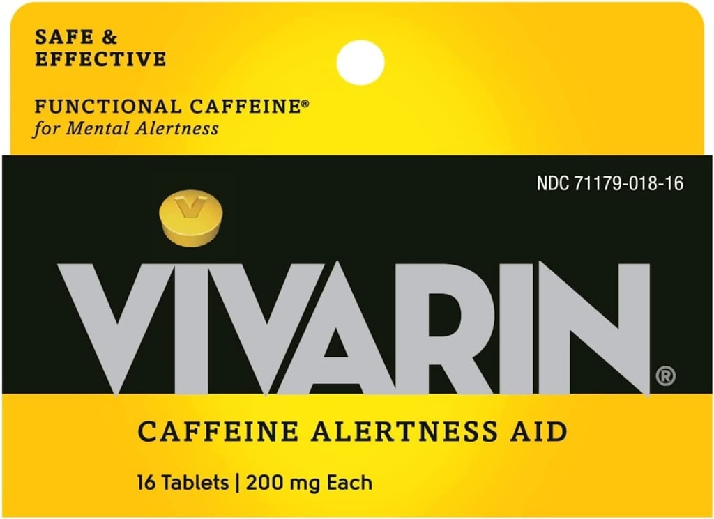 Vivarin, Kofeinové pilulky, 200 mg Kofein v každé tabletě, Bezpečně a účinně vám pomůže zůstat vzhůru, Alerness Aid, Energetický dodatek, 16 Tablety - 5 Pack