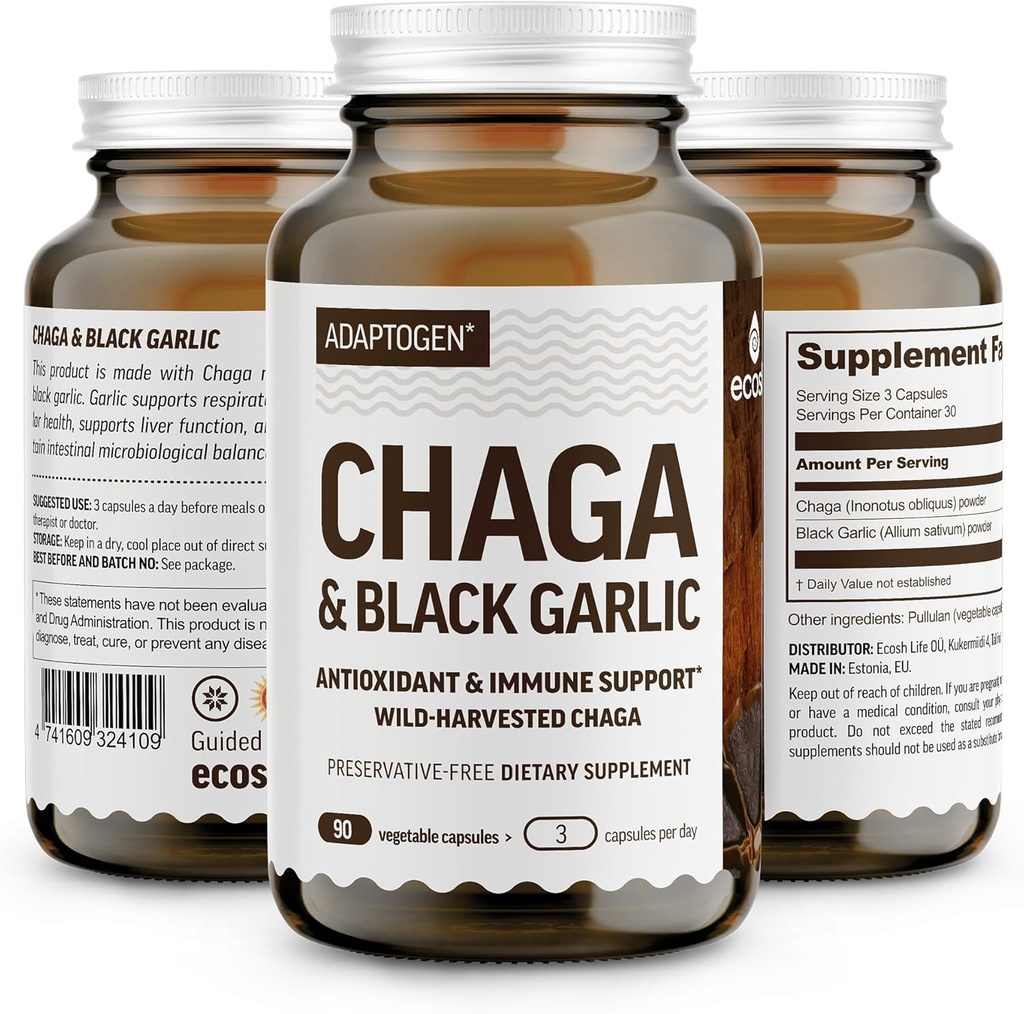 100% Real Wild Chaga Houba & Aged Black Garlic Powder Capsules - Antioxidant & Immunicate Supplementary Appendix 124; Nordic Forest Chaga Houby s Black Garlic Assess124; No Fillers pplk. 124; 1500mg Kapsle 124; 90 ct