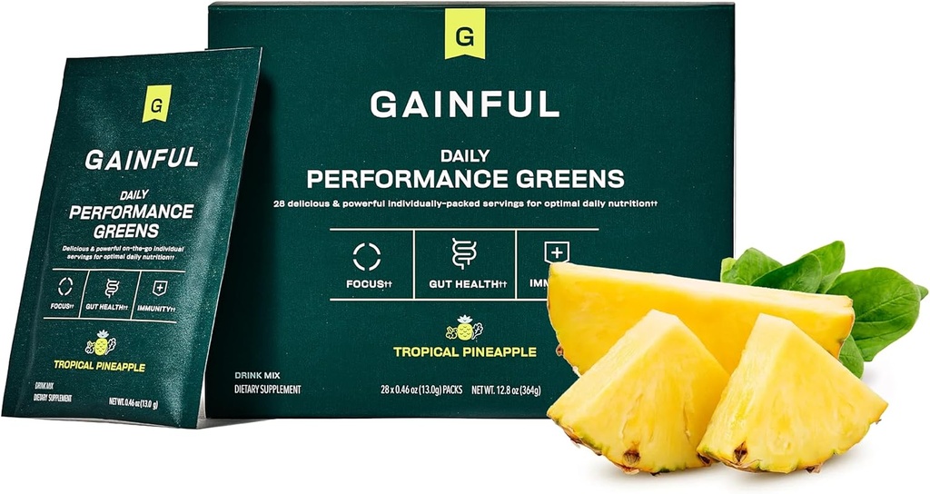 Gainful Daily Performance Green Powder, Coconut Ananas, Gut Health, Energy, Focus and Imunitary Support with L Theanine, Organic Green ens, Chlorella, Ginger, Green + Adaptogen Drink Mix, 28 Packets