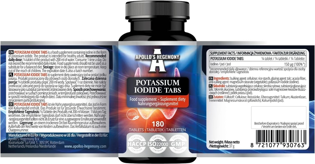 Iodid draselný 150 mcg na portion - 180 Vegan Tablet - 720 Servings - pro optimální funkci skloviny a energetický metabolismus - dodatek stravy Apollo Hegemonie