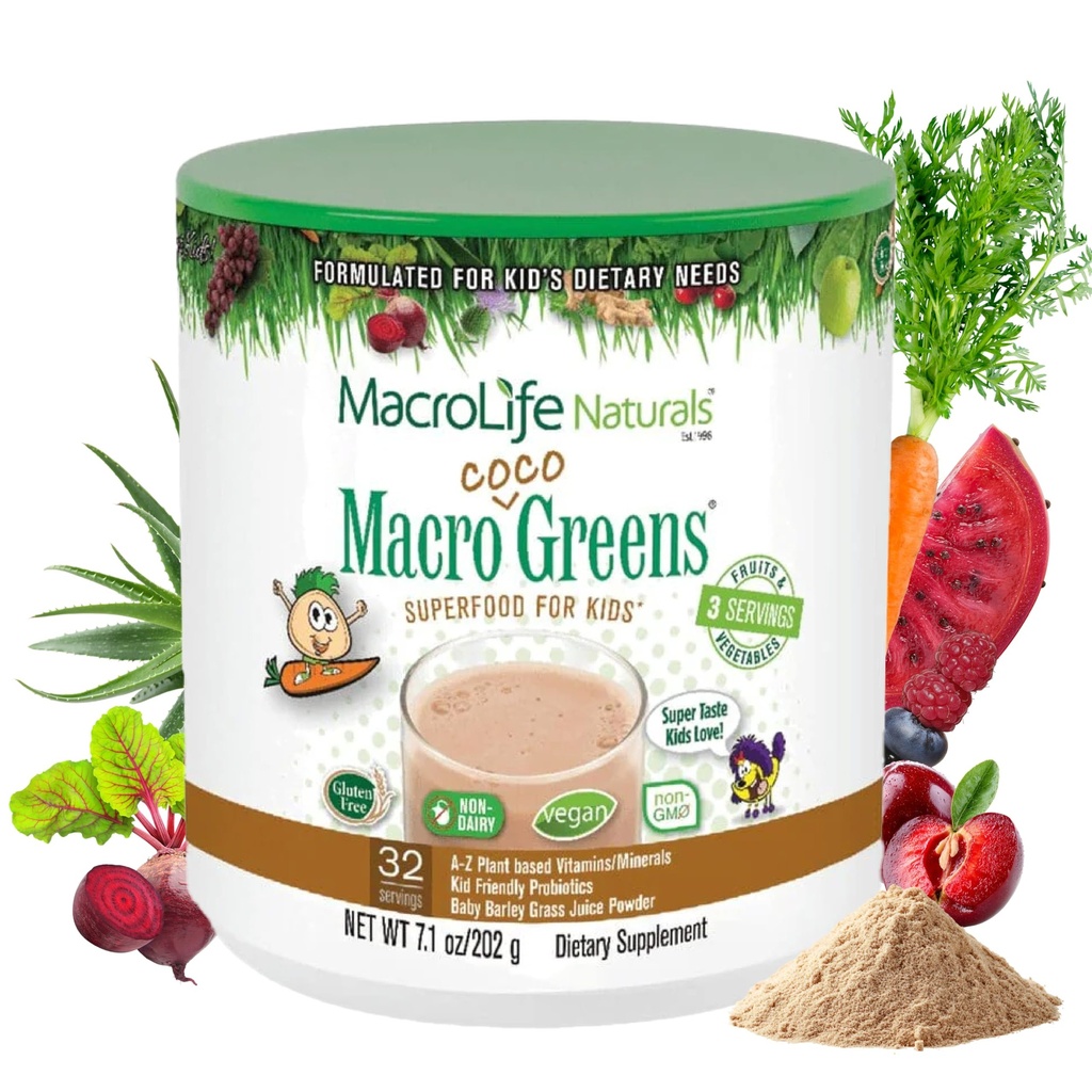 MacroLife Naturals MacroCoco Green Chocolate Superfood Powder for Kids Raw Fruits Veggies Probiotics & Digestive Enzymes, Imunity Energy, Non-GMO, Vegan, Gluten, Dairy Free - 7oz (32 Služení)