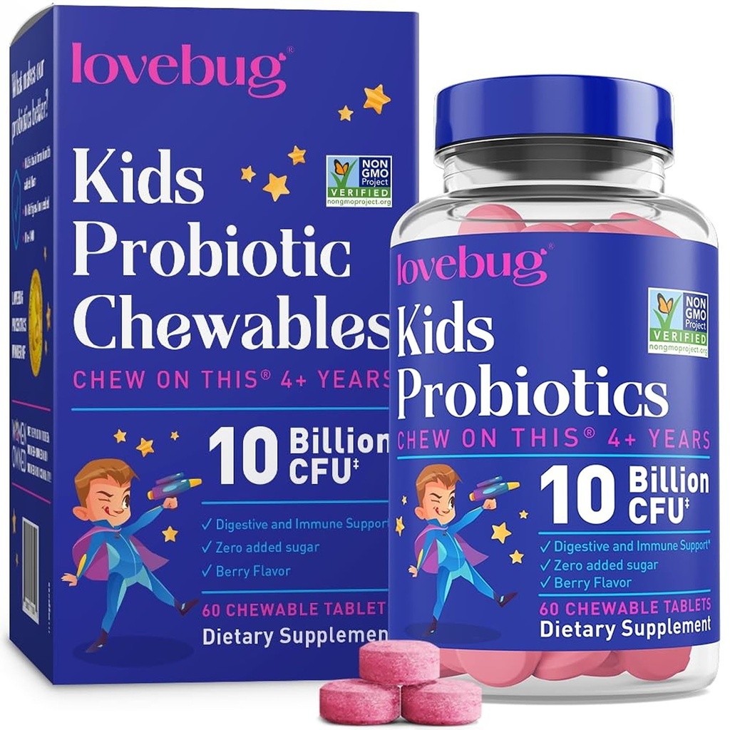LOVEBUG Probiotika pro děti - Probiotické žvýkačky s prebiotickým vláknem pro věk 4 +, Denní Dětské Gut zdraví a stravovací podpora Dodatek, Sugar- Free Berry Flavor, 60 Počet