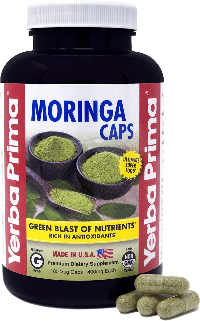 Yerba Prima Moringa, 180 Count Veg Caps - 400mg čisté, sušené listové prášek, zelený výbuch živin, bohaté na antioxidanty, 100% čisté, Super Food, Non- GMO, Vegan Friendly, gluten- Free, USA Made