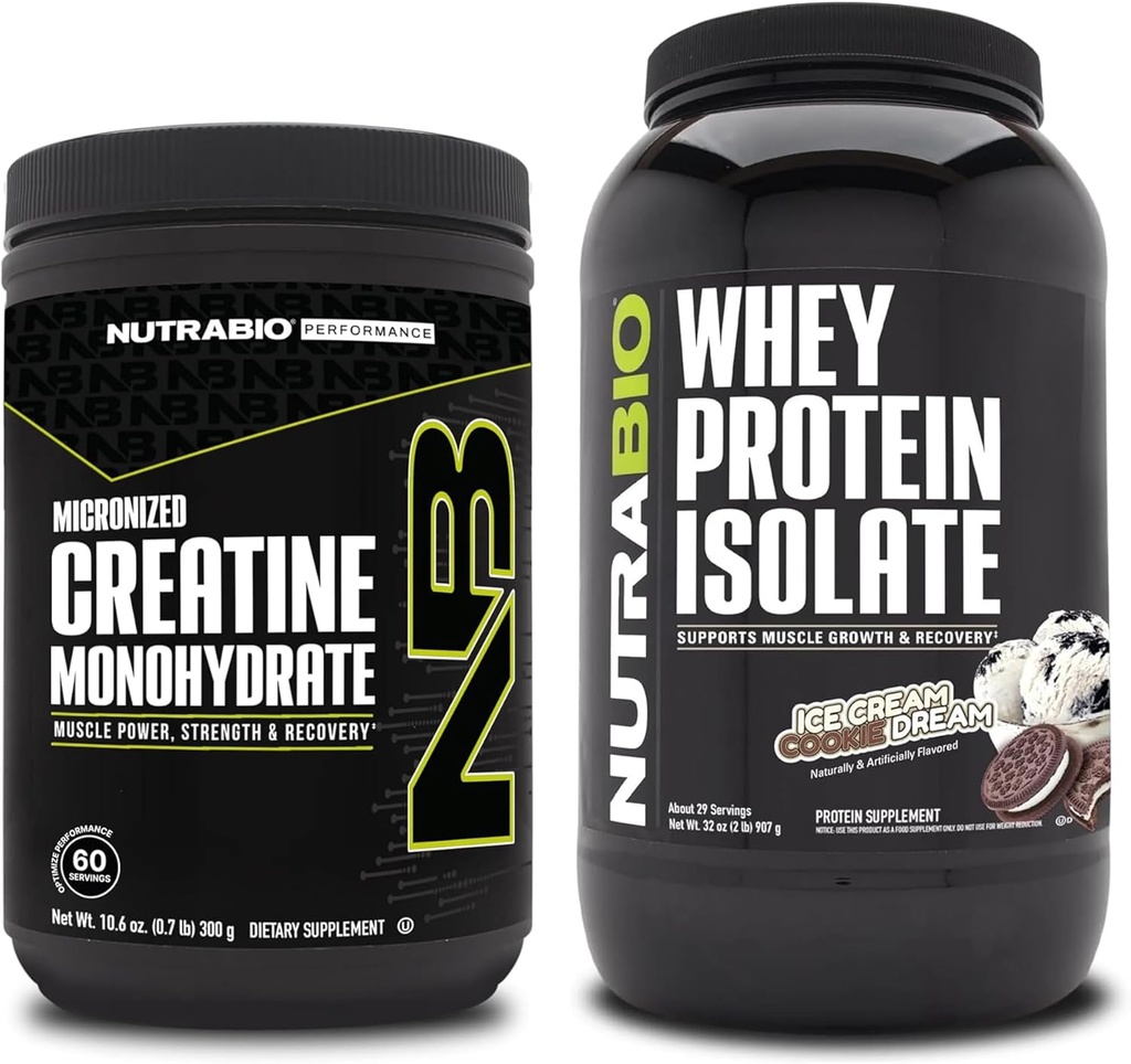 NutraBio Creatin Monohydrát, Neochucené, 300g a syrovátkové proteinové izolát, zmrzlina Cookie Dream, Doplněk Bundle - Svalová energie, Lean růst svalů, zotavení, a síla