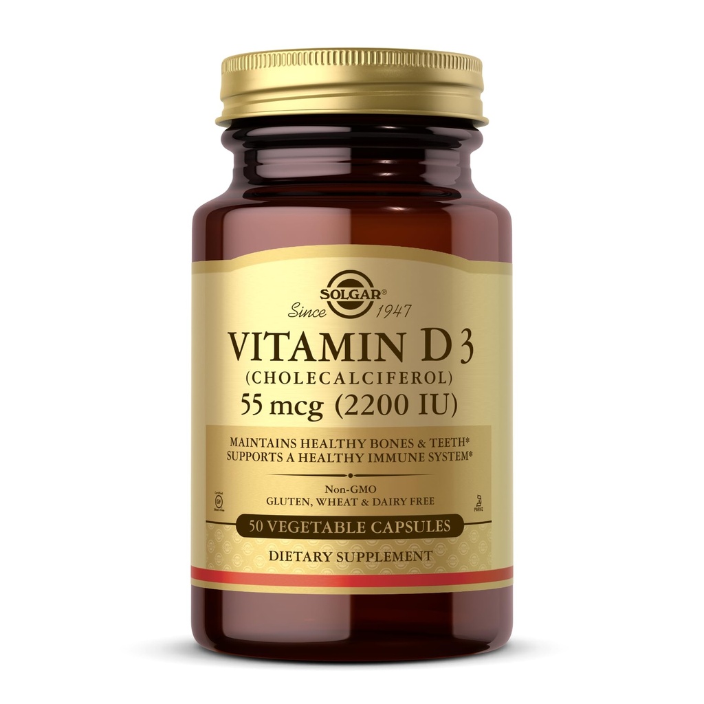 Solgar Vitamin D3 (Cholekalciferol) 55 mcg (2200 IU), 50 Zeleninové kapsle - Pomáhá udržovat zdravé kosti a zuby - Podpora imunitního systému - Non- GMO, Lepek zdarma, mlékárenské zdarma, Kosher - 50 Služeb