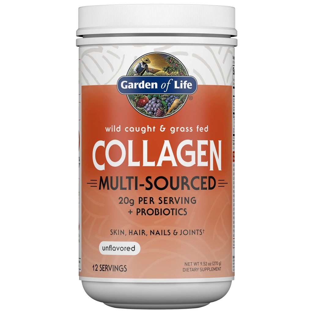 Zahrada života Marine & Grass- Fed Collagen Peptides Powder Supplement (typ I, III) s Probiotika & BCAA pro mobilitu, společné zdraví, vlasy, kůže a nehty - Neochucené, 20g na servírování, 12 Služebnictví