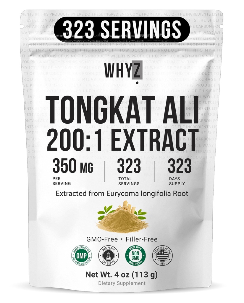 WHYZ Tongkat Ali Powder 113g, Pure Longjack 200: 1 Extract Eurycoma Longifolia Dodatek Prášek pro zvýšení tělesné výkonnosti a well- Being, Longjack Tongkat Ali pro muže a ženy, 323 Služebnictví